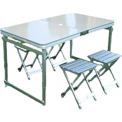 Folding Outdoor Table and 4 Chairs Set Metal Fishing Camping Grill Table Put Umbrella Put Car Portable Picnic Camping Table