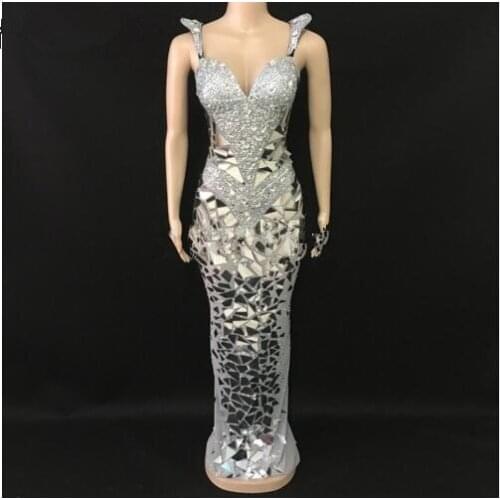 Sparkly Silver Rhinestones Sequins Mesh Long Dress Womens Celebrate Outfit Nightclub Female Singer Sexy Stage Dress