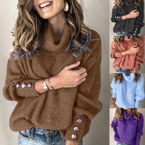 Women Turtleneck Sweater 2021 Autumn Casual Long Sleeve Button Knitted Pullovers Fashion Solid Loose Winter Female Jumper Tops