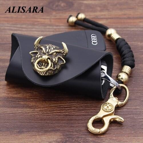 Vintage cowhide key case Ladies' Genuine Leather Skull key case Smart Key Wallet DIY Keychain Pocket Holder Key Organizer Holder