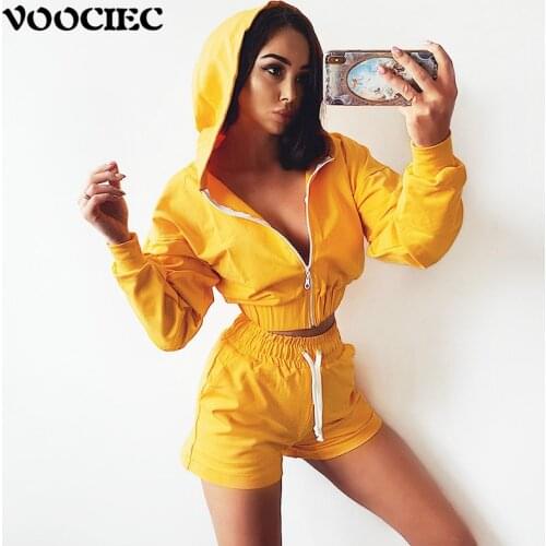 VOOCIEC Womens Hoodie sweater Hip hop style sportswear Hot Pants Set Long sleeve zipper sweater Sportswear street fashion suit