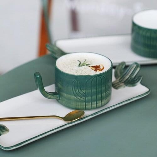 Green Cactus Coffee Cups and Mugs Tea Milk Ceramic Cups with tray Novelty Gifts For Your Friends