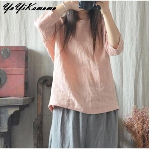 YoYiKamomo Cotton Linen Shirt Women 2018 Summer Spring Tops Three Quarter Sleeve Vintage Solid Color Loose Women Blouses