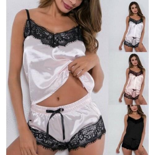 Women Lace Satin Pajama Sets Sexy Lingerie Underwear Babydoll Nightwear Sleepwear Strap Lace Pajama Sets Sleepwear Nightwear