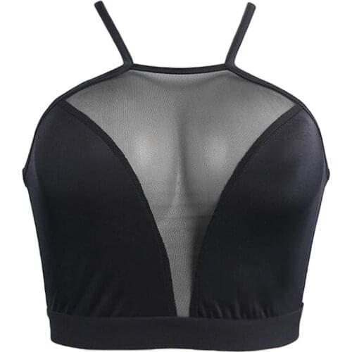 Women Sleeveless Crop Top Halter Mesh Patchwork Camisole Cross Bandage Bralette X5XA