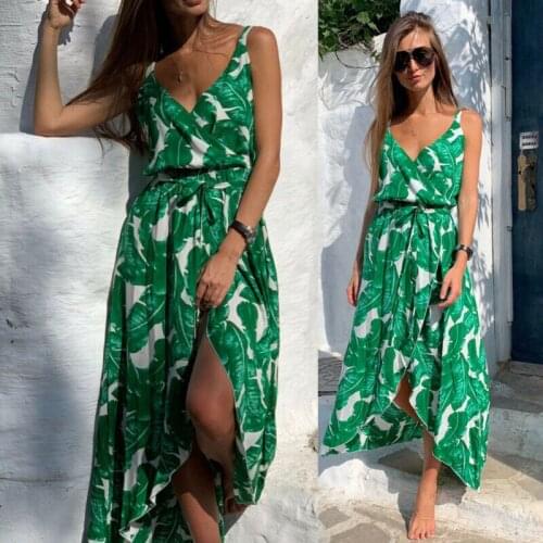 Women Summer Fashion Sleeveless V-Neck Boho Long Maix Leaf Print Dress High Waist Split Holiday Sundress Beach Wear Elegant S-XL