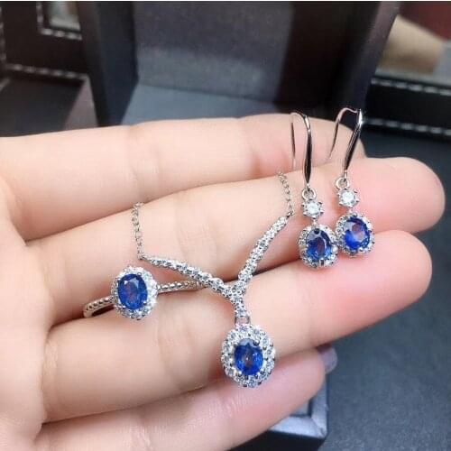 100% Real and Natural Sapphire jewelry set Natural Real Sapphire 925 sterling silver 1pc pendant,1pc ring,2pcs Earring