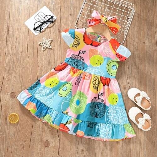 27Kids Girls Dress Summer Cute Fruit Pattern Short Sleeve For Chiffon Ruffle Clothes Skirt and Breathable 1-5Years
