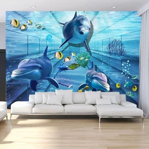 Dropship 3D Shark Dolphin Underwater Bedroom Wallpaper World TV Background Wall Mural Living Room Children Wallpaper Blue Decor