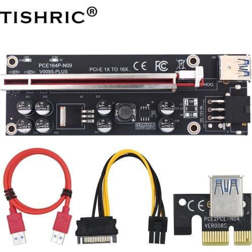 50pcs TISHRIC Newest GPU PCIE/PCI-E Riser 009S Plus card PCI E X16 PCI Express 6Pin to SATA 1X 16X USB3.0 Extender LED Mining