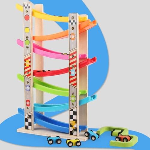 7-Layer Wooden Car Ramp Vehicel Train Track Ramp Race and 8pcs Inertia Car Sliding Toy Gift for Kids