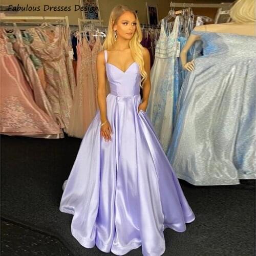 Lavender Satin A Line Prom Dresses With Split V-neck 2021 Spaghetti Strap Long Evening Dress Party Gown Pockets Vestido De Festa