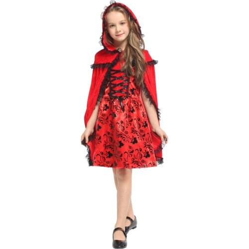 Kids Children Red Black Pattern Little Red Riding Hood Costumes for Girls Halloween Purim Carnival Christmas Party Fancy Dress
