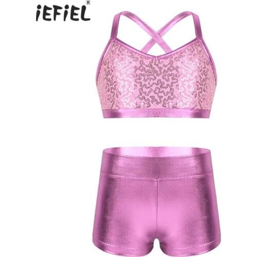 Kids Girls Tankini Outfit Athletic Set Ballerina Ballet Costume Shiny Sequins Gymnastics Stage Performance Tank Top with Bottoms