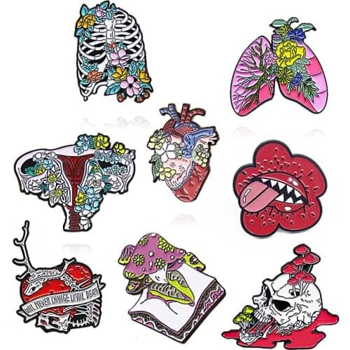 Skull Sternum Heart Uterus Lung Skin tissue Enamel Brooch Mushroom sticks out its tongue Lapel Pin Plant viscera Custom Badge
