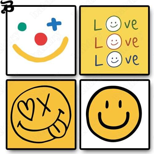 Canvas Painting Cartoon Yellow Smiling Face Modern Minimalist Smiley Posters and Prints for Bedroom Living Room Home Wall Decor