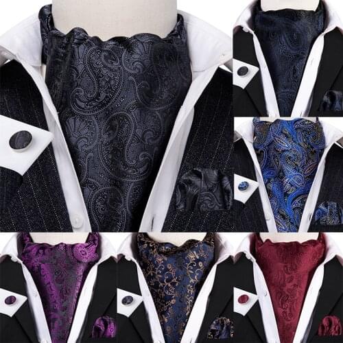 Fashion Black Paisley Ascot Tie For Men Silk Scarf Tie Suit Mens Necktie Jacquard Set Pocket Square Cufflinks Barry.Wang AS-008