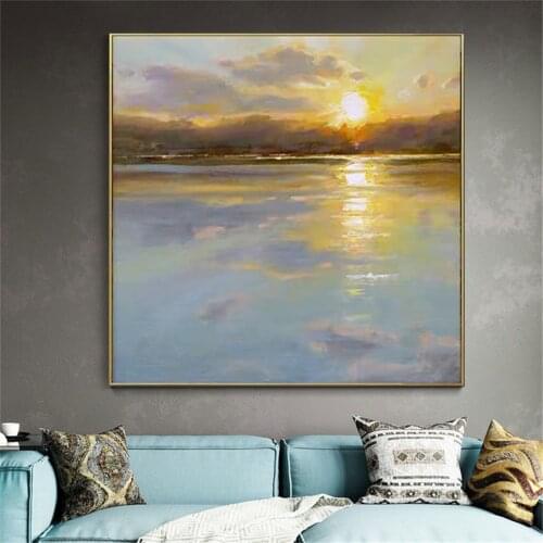Morandi hand-painted oil painting modern abstract art canvas painting living room restaurant decoration painting lake sunset art