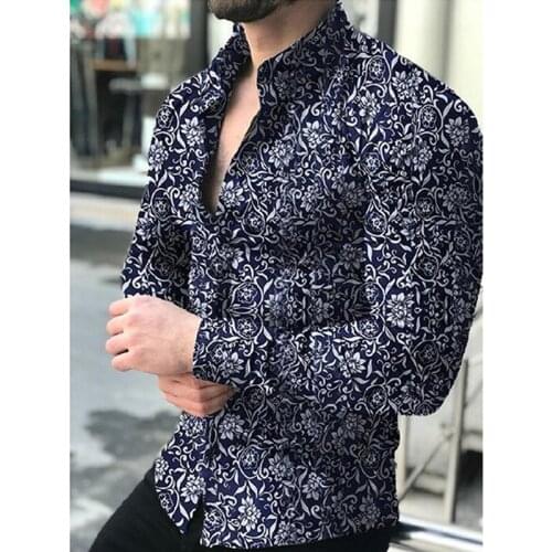 New Autumn Male Blouse Floral Shirt Slim Long Sleeve Blouse Male Clothing Casual Loose Blouse Print Fashion for Men Tops Regular