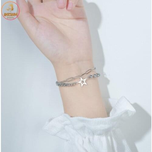 Akizoom New Fashion Stainless Steel Bracelets for Women Double Layers Bangles Round Beads Gold Jewelry Friends Couple Gift