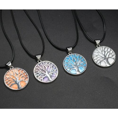 Natural Shell Pendant Necklace Life Tree Multiple Color Dyed Shell Abalone Shell Charms Wax Thread for Women Jewelry Necklace
