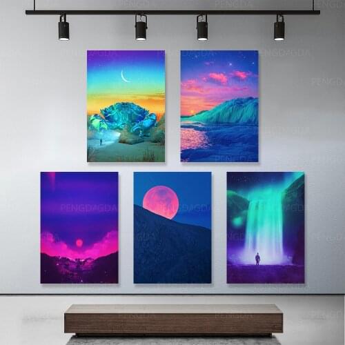 Prints Frame Modular Canvas Painting Art Moon Aurora Waterfall Night Scene Landscape Poster Pictures Modern Decor Home Room Wall