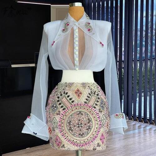 Runaway Summer Two-piece Set Mini Prom Dress Women Long Sleeve Organza Blouse Shirt and Beaded Crystal Skirt Fashion Suits