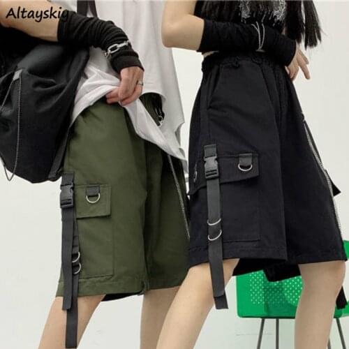 Shorts Womens Summer 2020 Elastic Waist High Bf Streetwear Hip Hop Straight Casual Chic Ribbons Black Green Couple Cotton New
