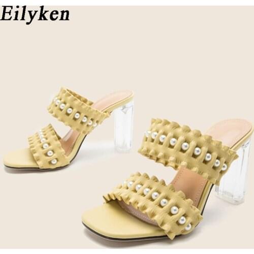 Eilyken New Chic Pleated Leather Womens Shoes Fashion Pearl Decoration Ladies Slippers Transparent Crystal Square Heels Sandals