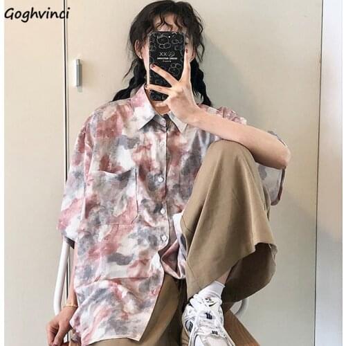 Women Blouses Tie-dye Shirts Summer Vintage Short Sleeve Tops Casual Harajuku Fashion Outwear Loose Straight Tops Korean Quality