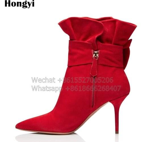 New Arrival Red Black Suede Leather Big Buckle Women Boots High Heels Fashion Side Zipper High-heeled Spring Autumn Shoes