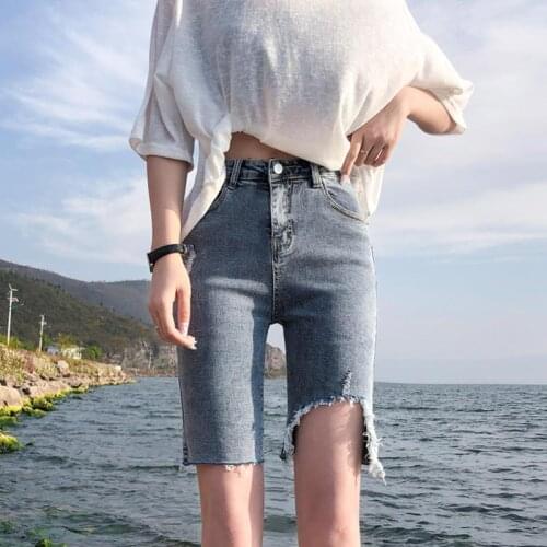 2021 Woman Wide Leg High Waist Solid Knee-lenght Denim Shorts Casual Female Skinny Fit Vintage Ladies Straight Jeans Shorts Z32