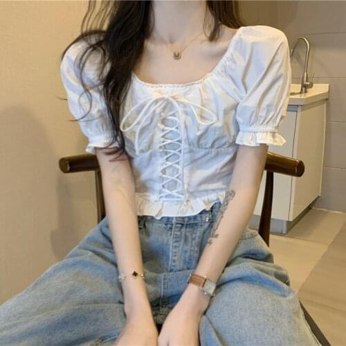 Women Tops Square Collar White Short-sleeved Shirt Female Design Sense Niche Summer New Korean Style Trend