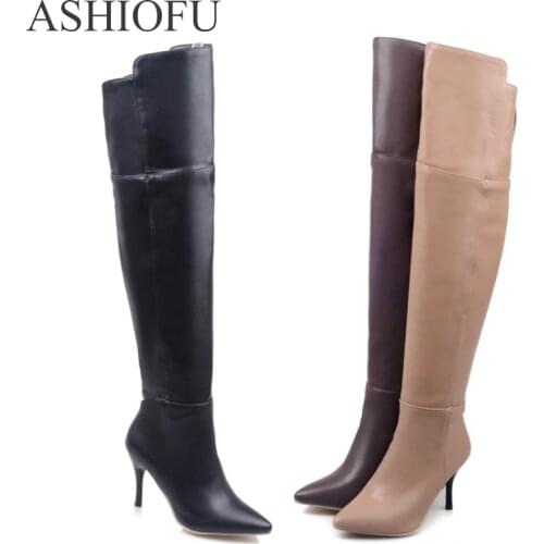 ASHIOFU Handmade New Ladies Over Knee Boots Party Club High Heel Long Boots Pointy Winter Fashion Evening Boots Shoes