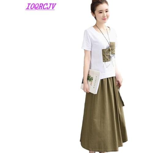 Cotton linen two pieces set womens 2018 summer Casual skirt set Plus size Short sleeve t-shirt top and Elastic waist long skirt
