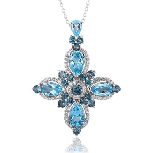 GZ ZONGFA Elegant natural Blue Topaz gem cross pendant Necklace 925 Sterling Silver Wedding Women Jewelry Necklaces