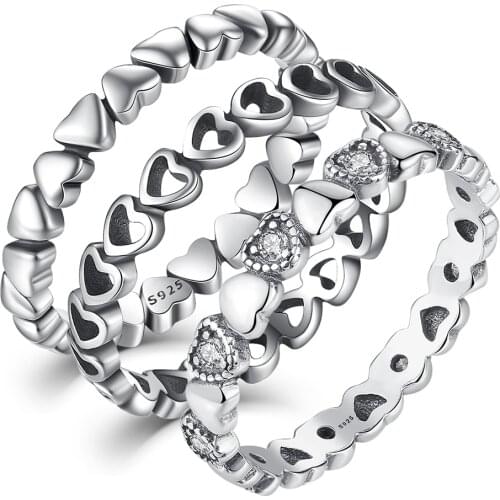 ELESHE Genuine 925 Sterling Silver Stackable Heart Ring with Crystal CZ Finger Rings for Women Wedding Anniversary Jewelry Gift