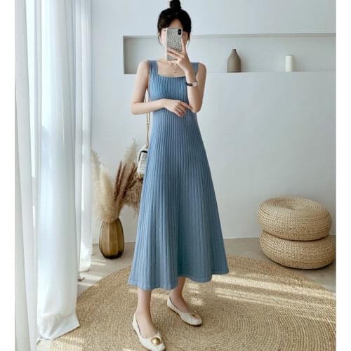 Women 2021 Summer Square Collar Solid Knitted Dresses Female Casual All Match Simple Fashion Dress Elegant Vestidos Clothes C08