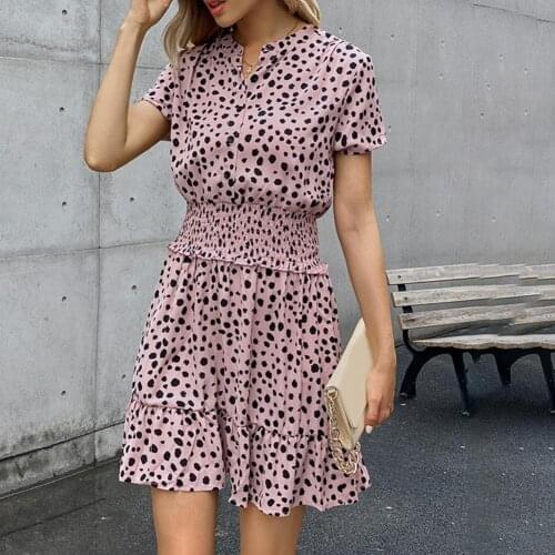 2021 Vintage Women Ruffled Flounced Hem Dress Spot Printing V Neck Casual Ladies Short Sleeve Office Dating Dress Daily Wear