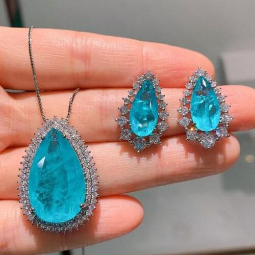 2021 Unique Water Drop Paraiba Tourmaline Aquamarine Lab Diamonds Earrings Pendant Necklace Wedding Fine Jewelry Sets For Women