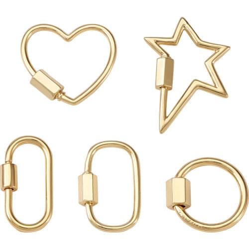 5Pcs Brass Mixed Shapes Screw Carabiner Lock Charms Clasps Real 18K Gold Plated Keychain Clip Hook for Necklaces Jewelry Making
