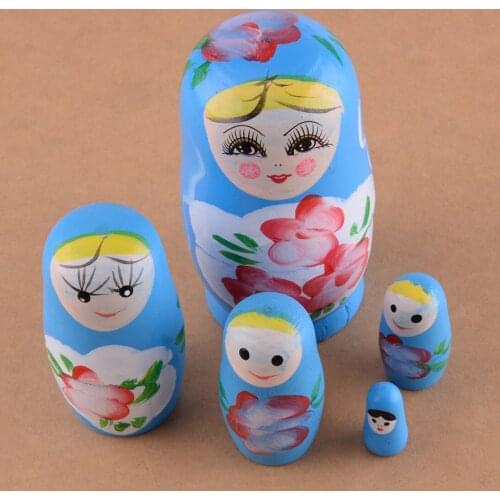 5PCS Russian Nesting Wooden Purely Hand Painted Dolls Babushka Matryoshka Toy Gifts