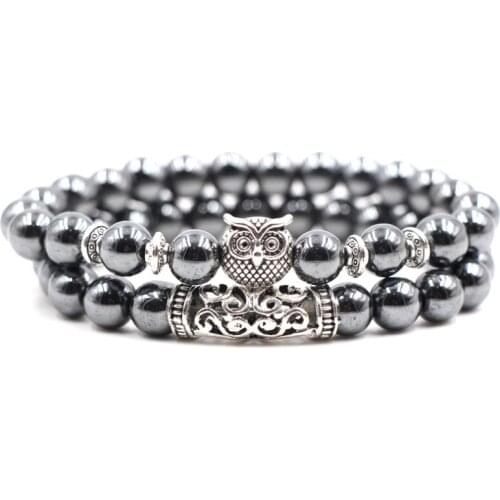 8mm 2PCS/Set jth34 elastic adjusted Owl lion head Buddha head micro pave cz zircon cubic zirconia hematite Bangles Bracelet