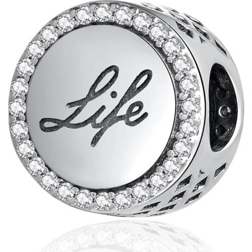 Authentic S925 Silver Openwork Chai Life With Crystal Bead fit Lady Bracelet Bangle For Women DIY Jewelry Making