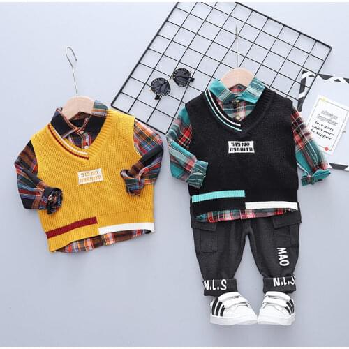 Spring Autumn New Children Baby Boys Clothing Kids Cotton Sweater Vest Shirt Pants 3pcs/sets Infant Gentlemans Casual Suits Set