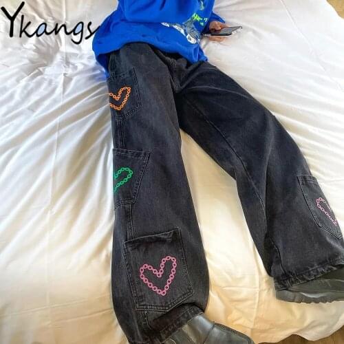 Heart Print Multi Pockets Loose Wide Leg Cargo Jeans High Waist Hip Hop Hippie Women Denim Pants 2021 Streetwear Baggy Trousers