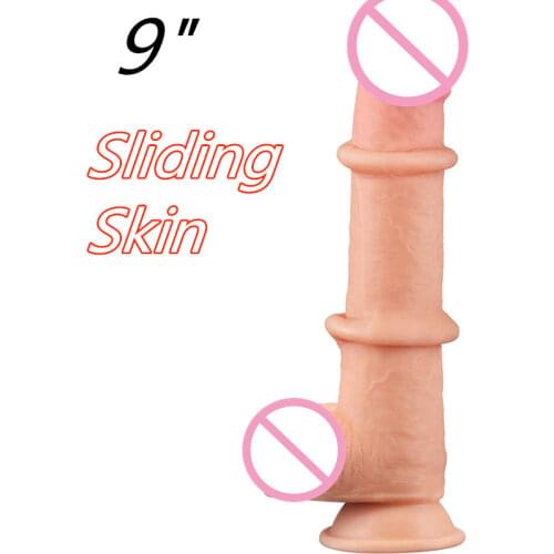 Foreskin Dildo with Stretchable Skin Dual Layered G-Spot Anal Dildos Adult Sex Toys Realistic Moving Skin Cock with Suction Cup