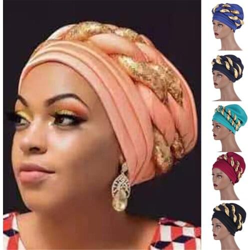 Headwraps for Women African Braided Beanie Turban with Sequins Long Hair Sleeping Headband Cap for Muslim NYZ Shop