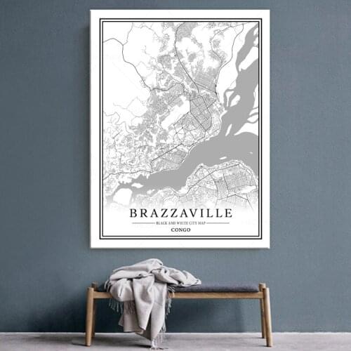 World City Maps Custom BRAZZAVILLE Poster Canvas Paintings Print Black White Wall Art Pictures Home Decor for living room framed