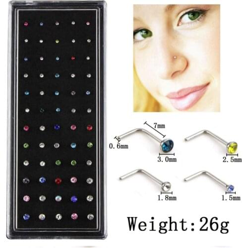 1.5/1.8/2.5/3.0mm Crystal Nose Ring Charm 60pcs/set Stainless Steel CZ Crystal L Shape Nose Ring Body Piercing Stud #281671